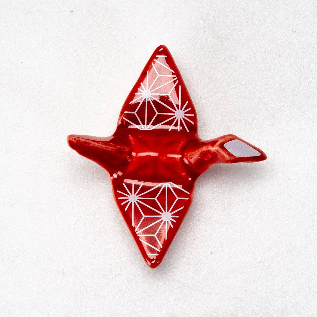 Urban Tokyo - Origami Crane Porcelain Chopsticks Rest 2"L Asanoha Red (12/288)