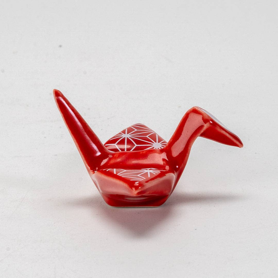 Urban Tokyo - Origami Crane Porcelain Chopsticks Rest 2"L Asanoha Red (12/288)