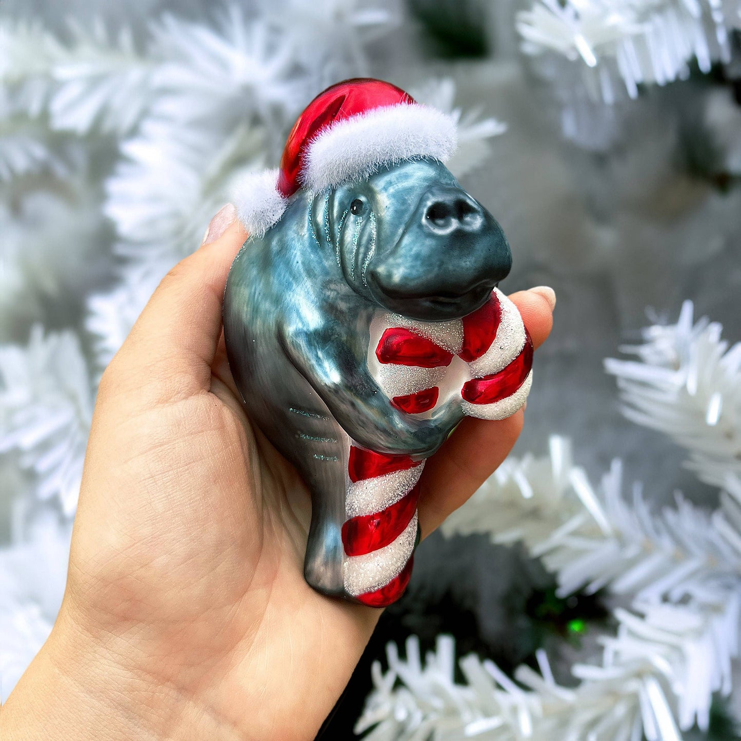 Aquatic Manatee Glass Christmas Ornament, Sea Cow Coastal