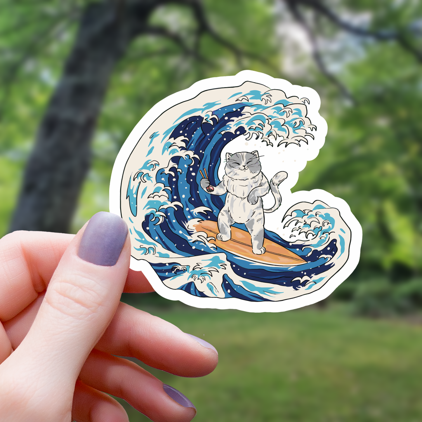 Cat Surfer Riding Japanese Wave Sticker - 3"