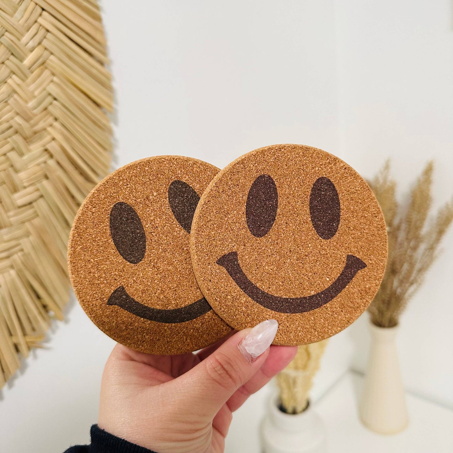 KuriArt Designs - Drink Cork Coaster | Coffee Coaster | Smiley Face Coaster