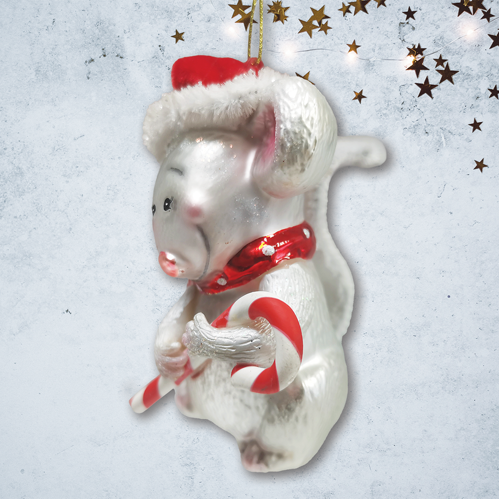 Festive Holiday Mouse Glass Christmas Ornament