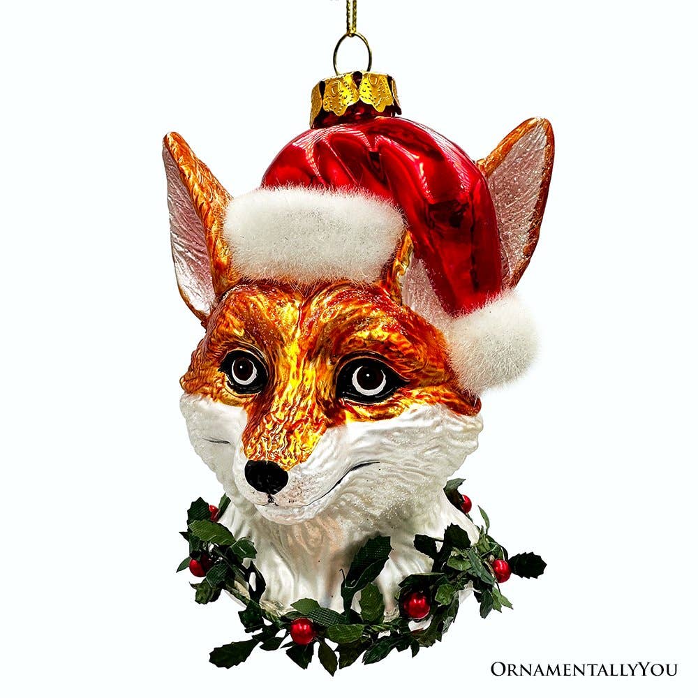 Fox with Santa Hat Glass Christmas Ornament, Woodland Animal