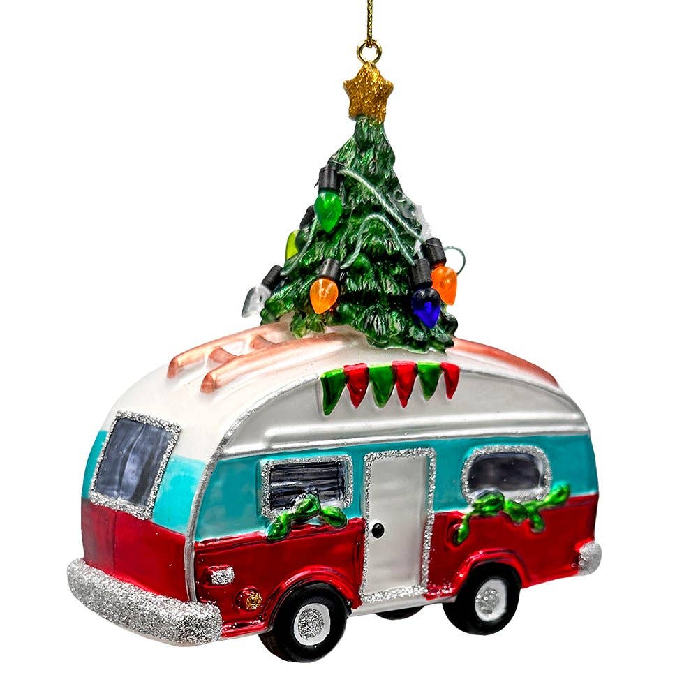Camping RV Glass Christmas Ornament, Camper Trailer
