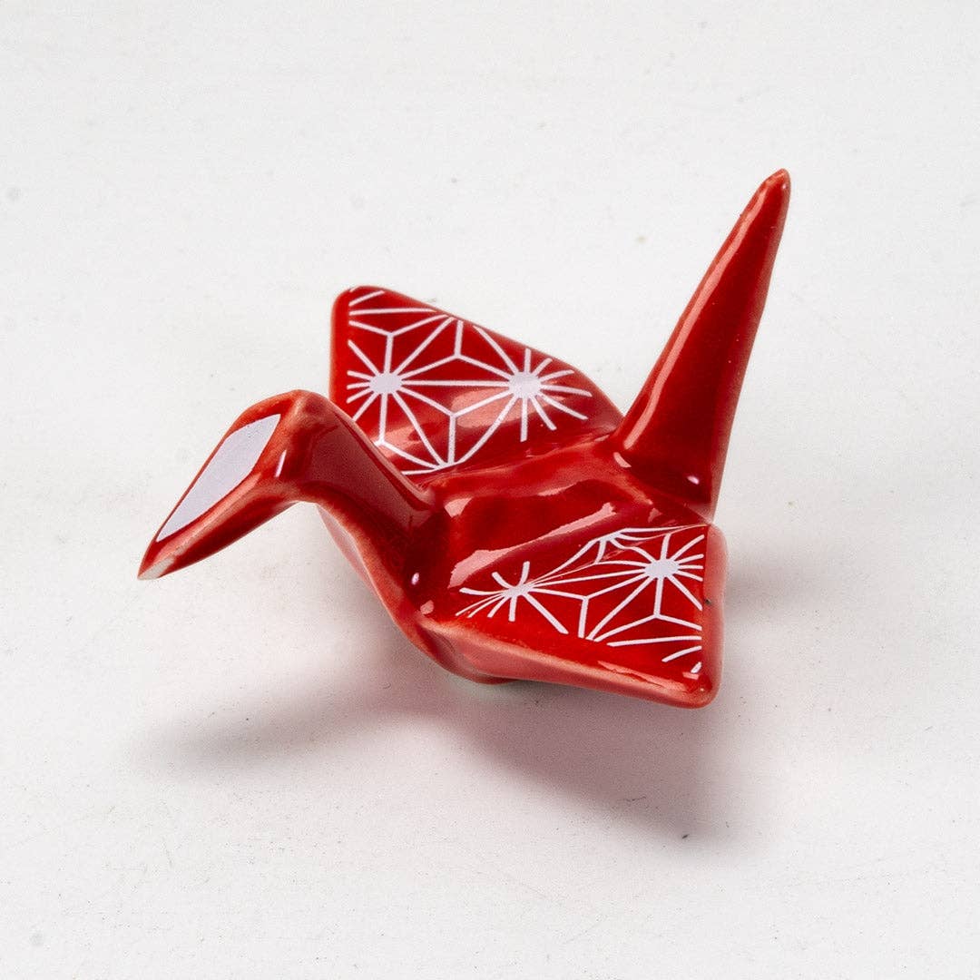 Urban Tokyo - Origami Crane Porcelain Chopsticks Rest 2"L Asanoha Red (12/288)