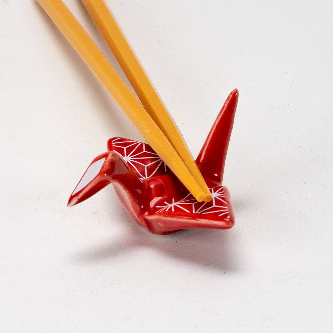 Urban Tokyo - Origami Crane Porcelain Chopsticks Rest 2"L Asanoha Red (12/288)