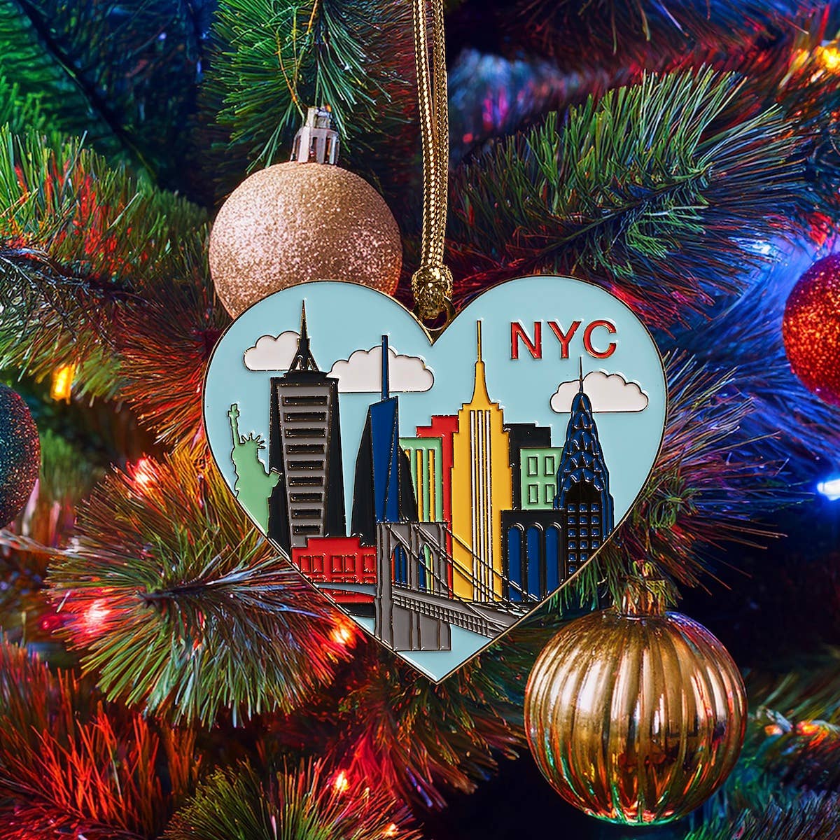 New York City NYC Skyline Heart Enamel Holiday Ornament