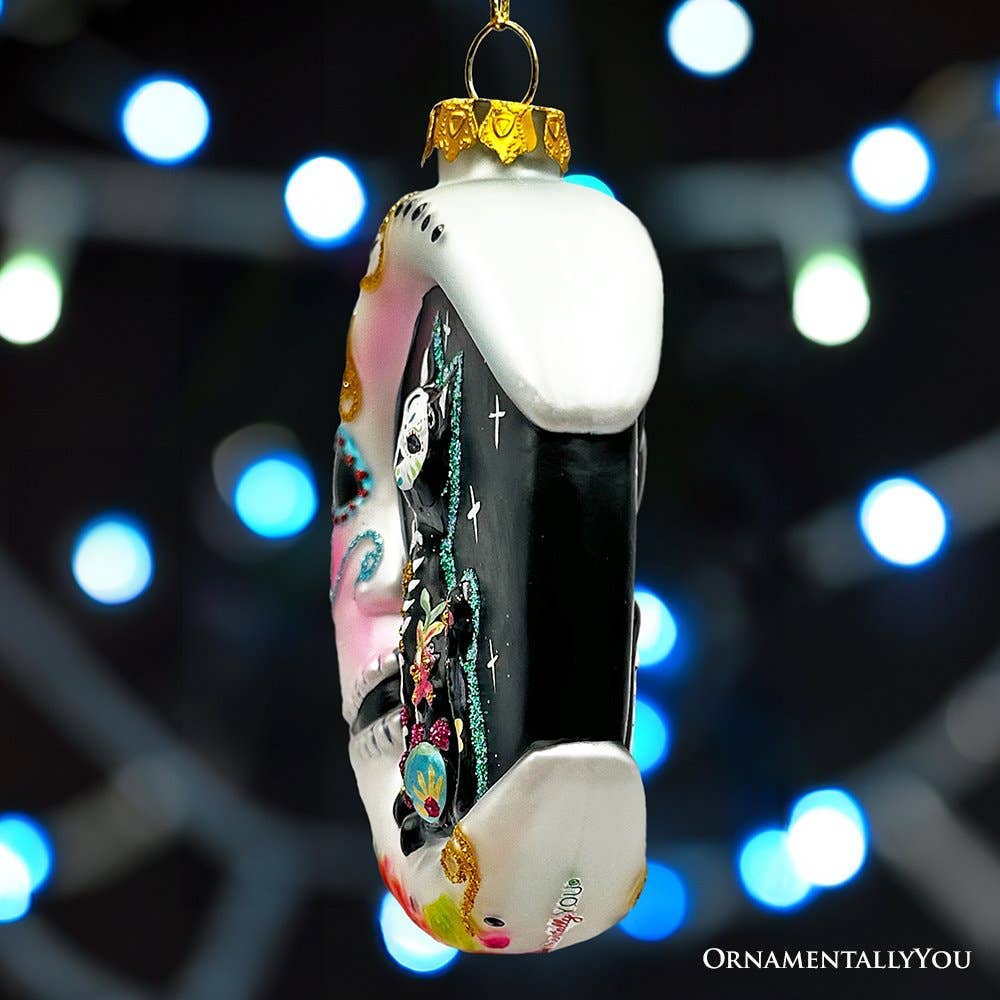 Folkloric Siamese Cat Sugar Skull Glass Ornament