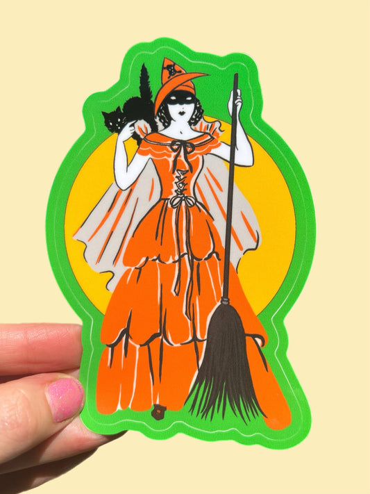 HALLOWEEN WITCH with Broom and Cat 3 INCH STICKER