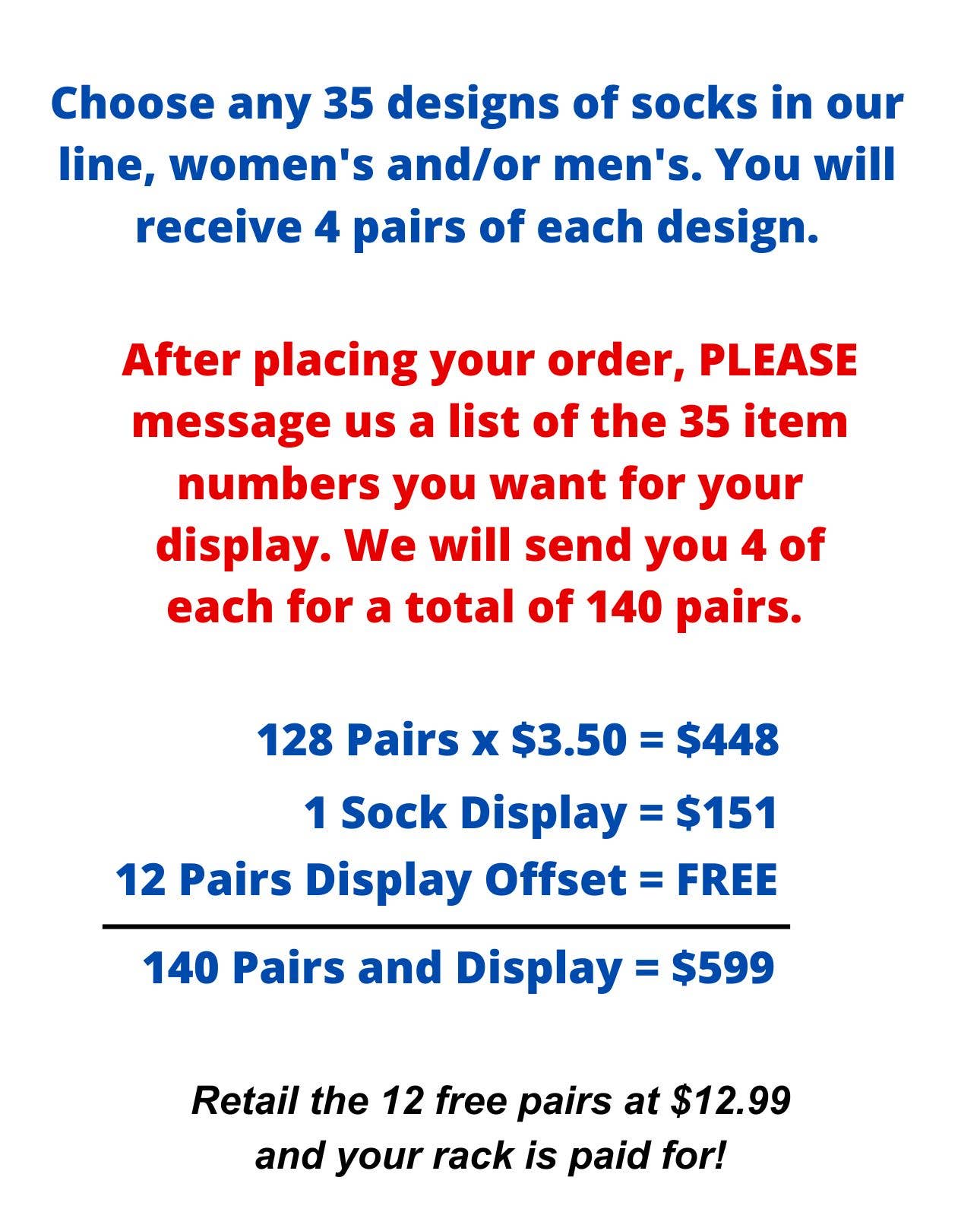 Compact Socks Display Package - Includes 140 Pairs of Socks