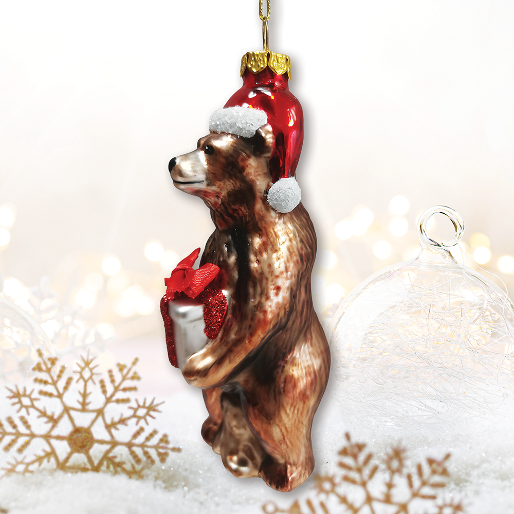 Grizzly Bear with Santa Hat and Gift Glass Ornament