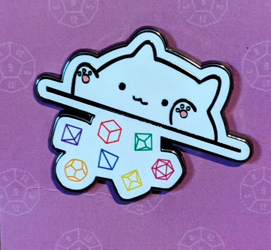 Mimic Gaming Co - White Cat Throwing Dice Hard Enamel Pin -1.5"