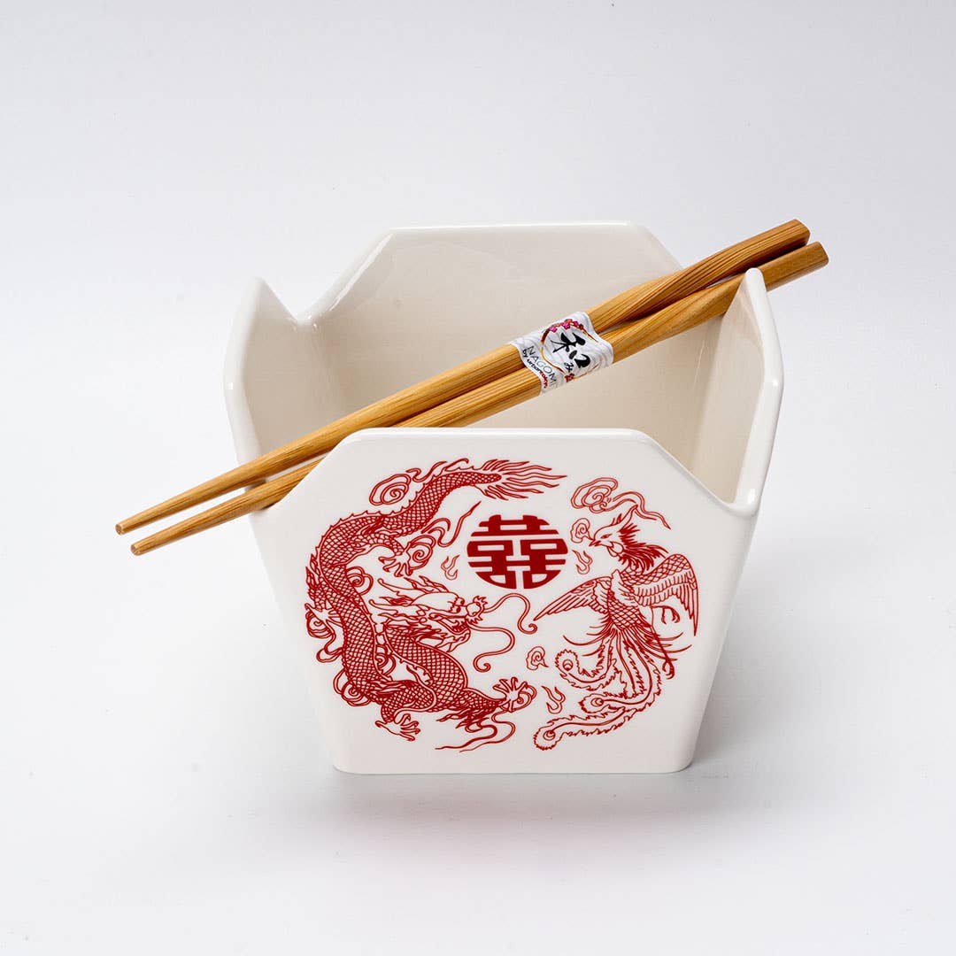 16oz 5"W x 4"H Takeout Box Serving Bowl With Chopsticks Phoenix (1/16)