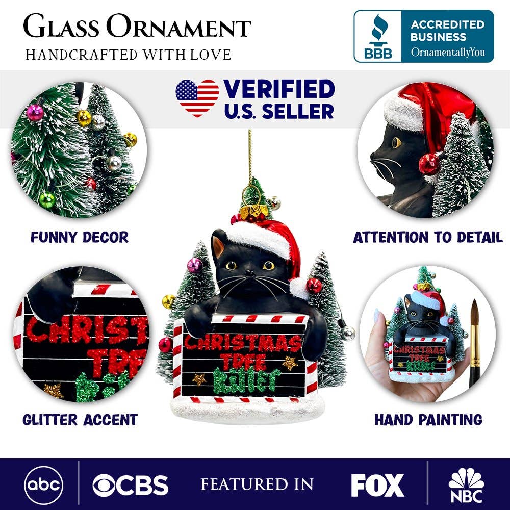 Christmas Tree Killer Funny Black Cat Glass Ornament