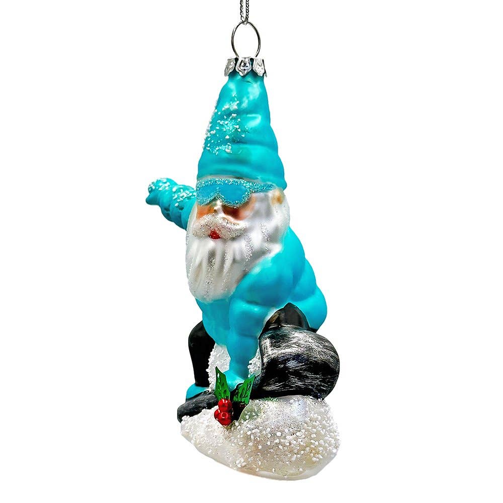 Snowboarding Gnome Glass Christmas Ornament, Blue Aspen