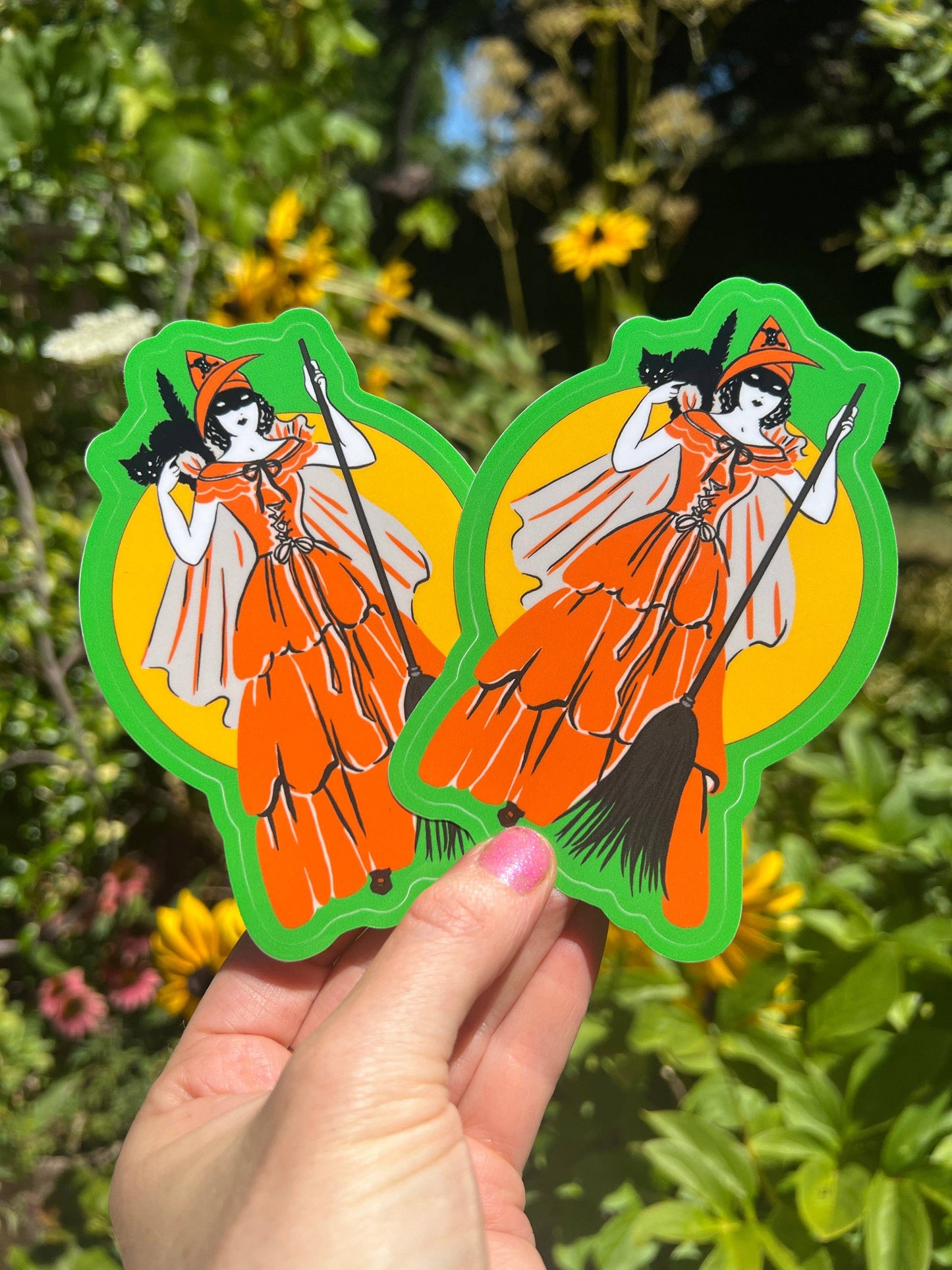 HALLOWEEN WITCH with Broom and Cat 3 INCH STICKER