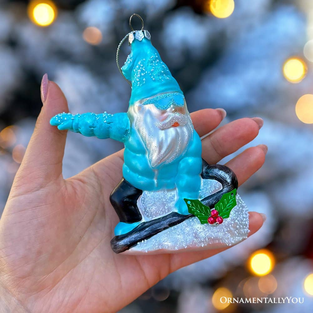 Snowboarding Gnome Glass Christmas Ornament, Blue Aspen