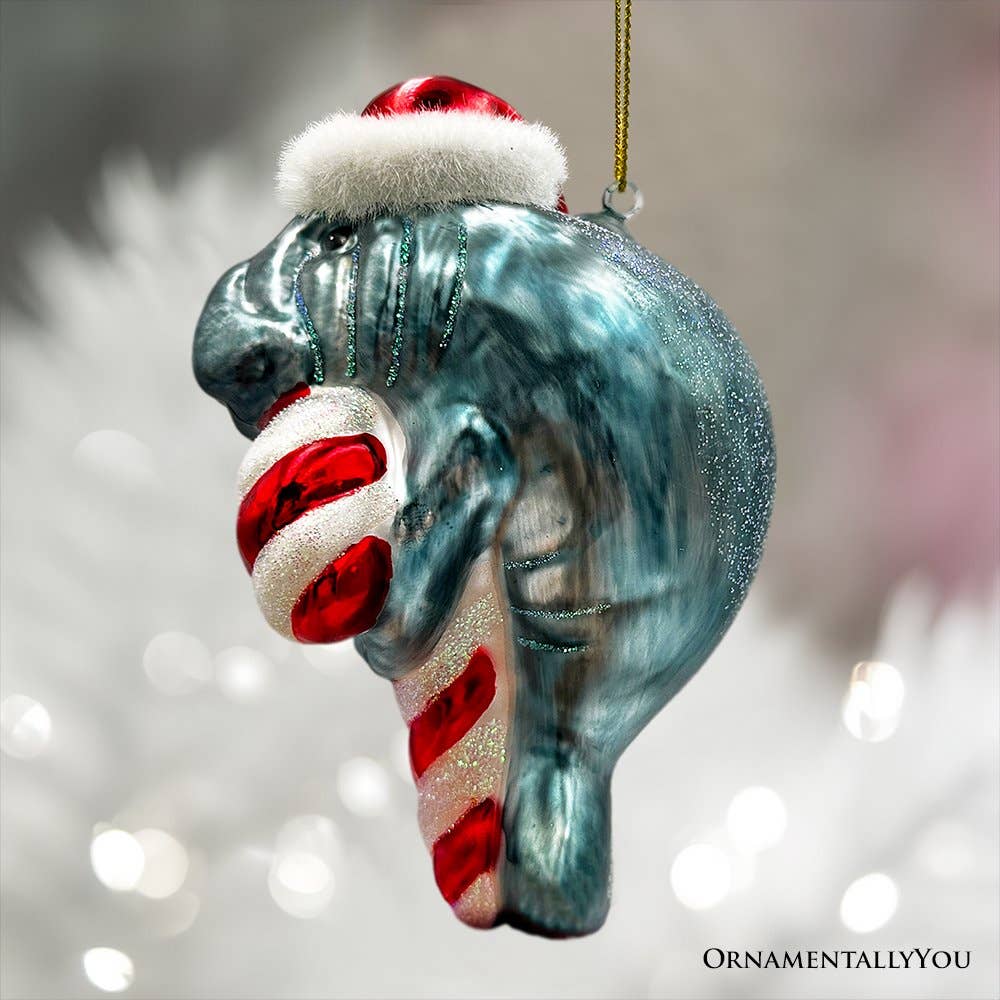 Aquatic Manatee Glass Christmas Ornament, Sea Cow Coastal