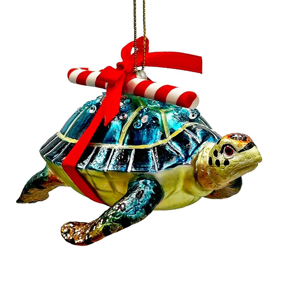 Nautical Gift Wrapped Sea Turtle Glass Christmas Ornament