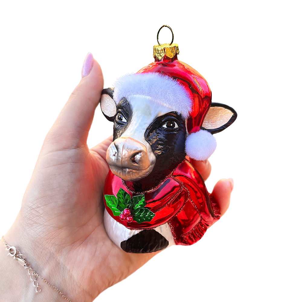 Festive Cow in Wreath Blown Glass Christmas Ornament
