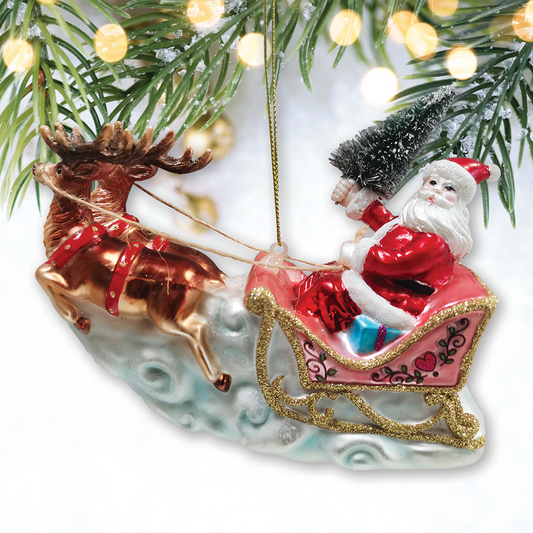 Santa Sleigh and Reindeer Elegant Christmas Ornament