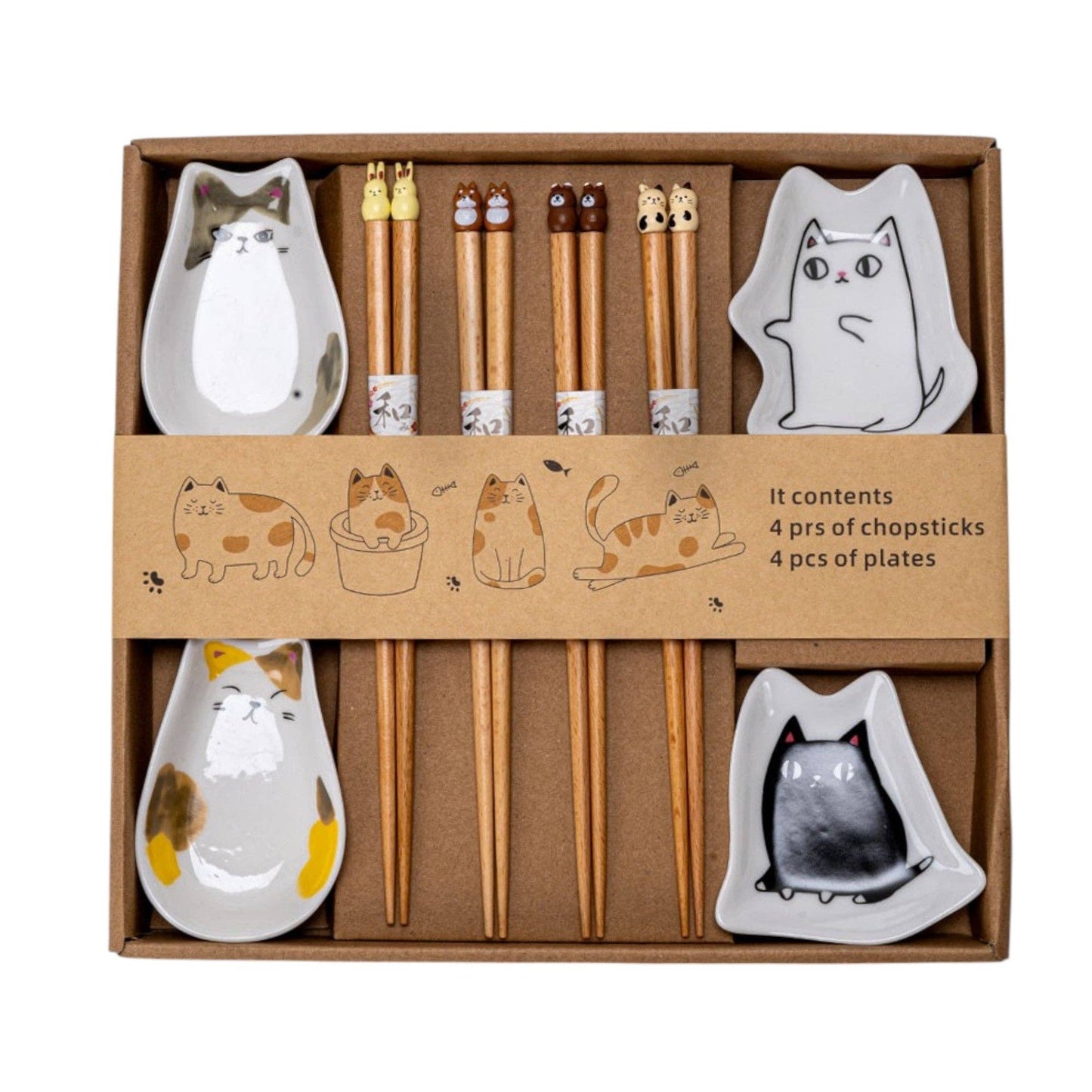 Urban Tokyo - 4 Pair Cute Cats Wooden Chopsticks and Sauce Dish Gift Set (1/20)