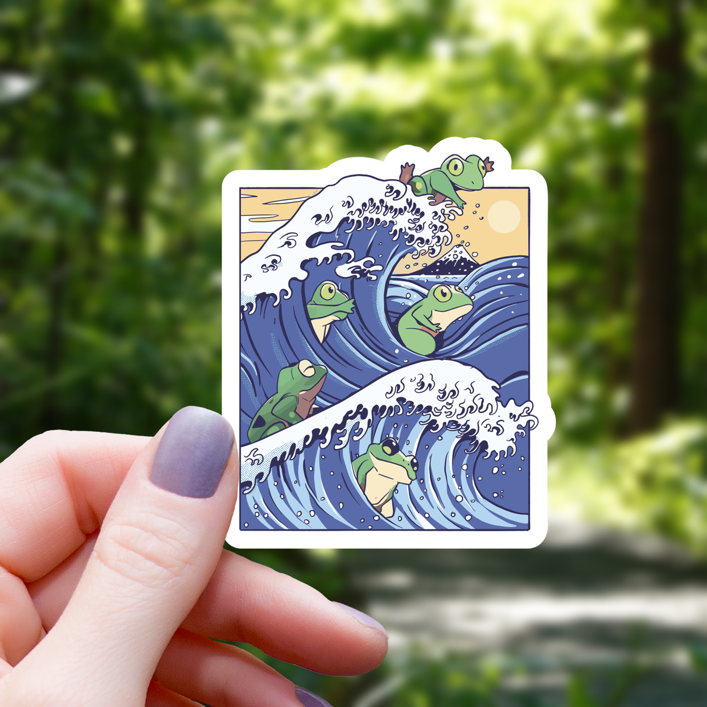 Frogs Riding Big Wave Sticker - 3"