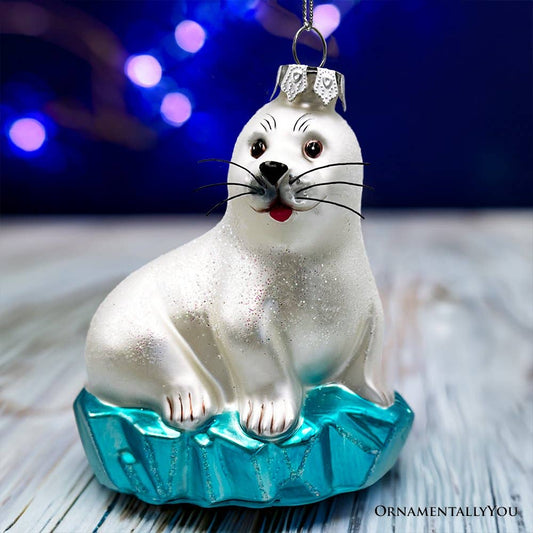 White Seal on a Glacier Glass Christmas Ornament