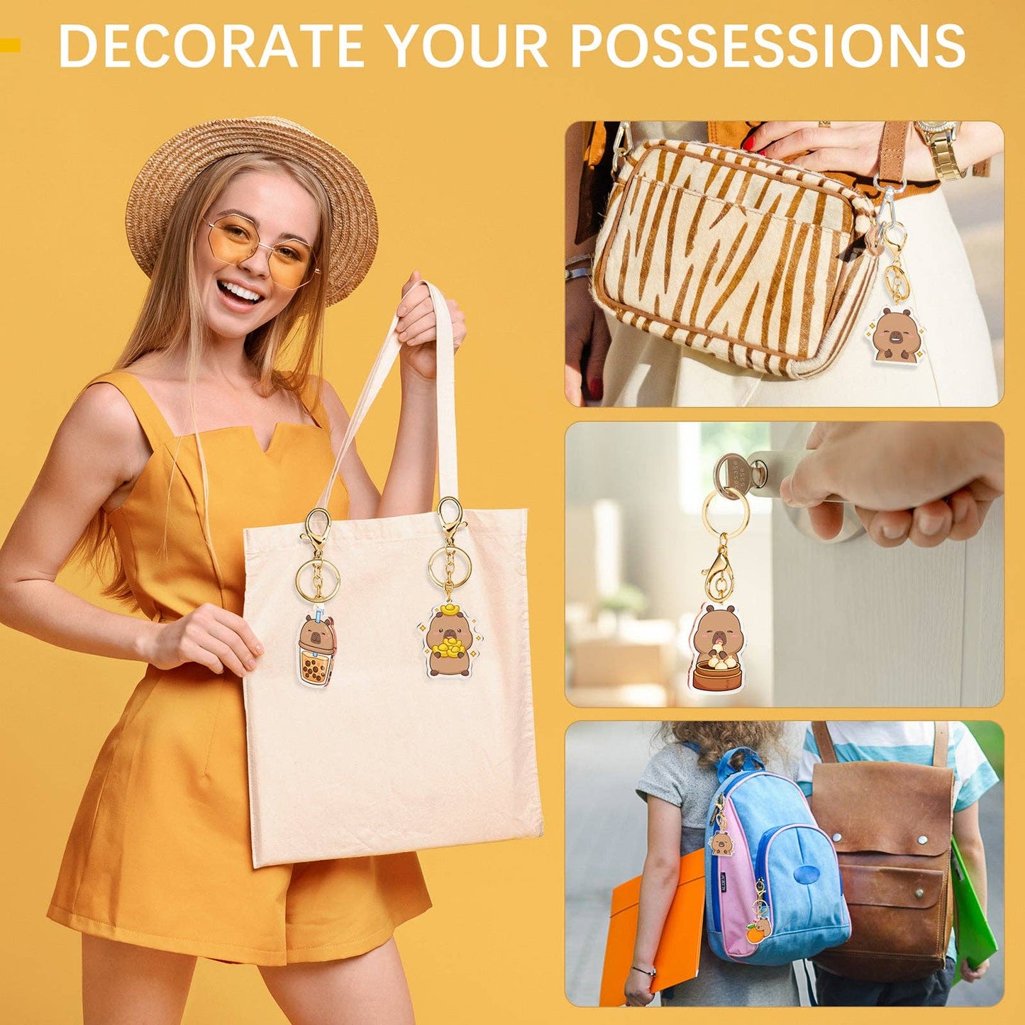 CapyFun - Capybara Acrylic Keychain Cute Kawaii Dumpling Boba Tea Coffee Ice Cream Reading Orange Ramen Foodie Hot Pot Holiday Gift For Her