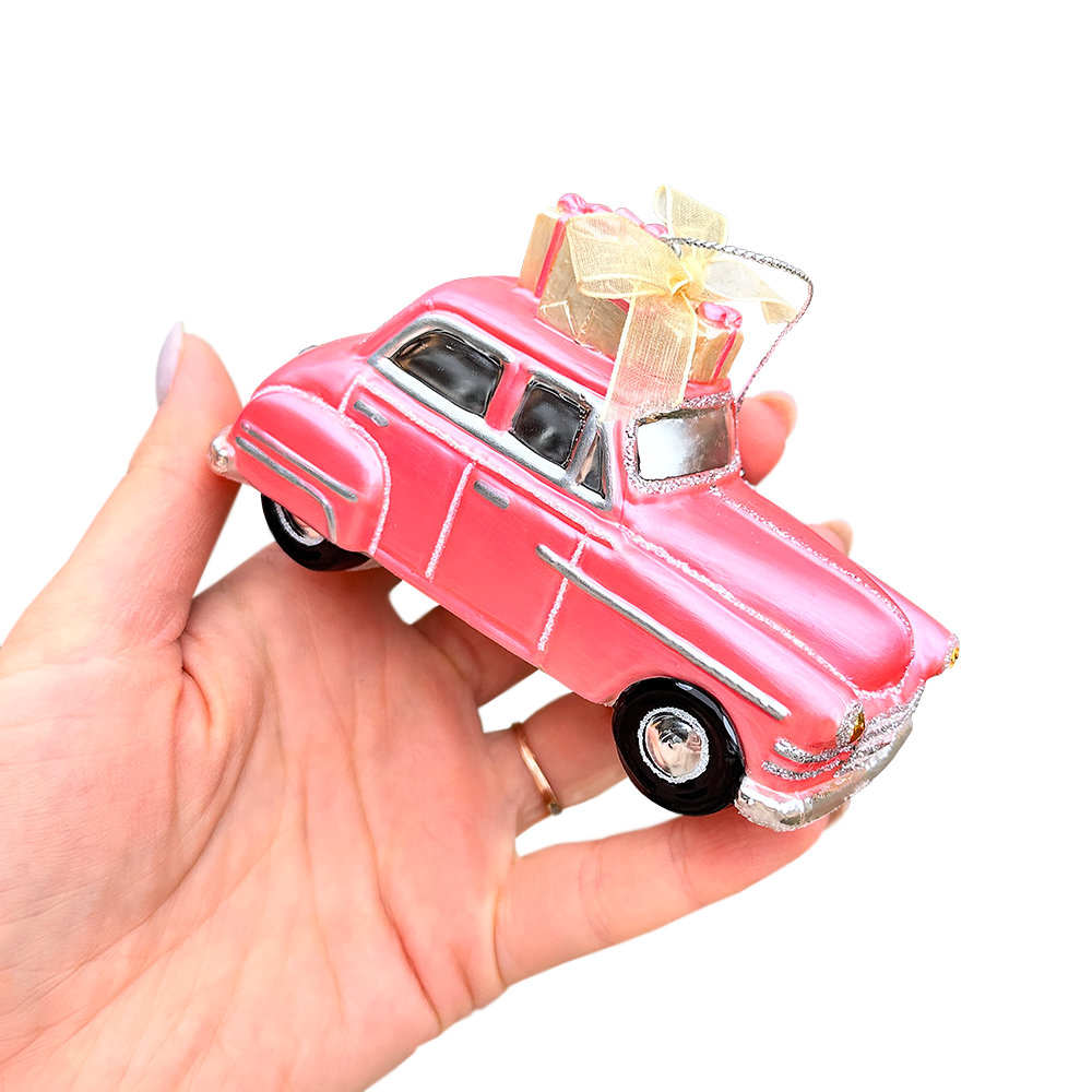 Nostalgic Pink Car Glass Christmas Ornament, Vintage Classic