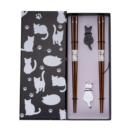 Urban Tokyo - Black White Cat 2 Pair Wooden Chopsticks and Chopsticks Rests Gift Set (1/80)