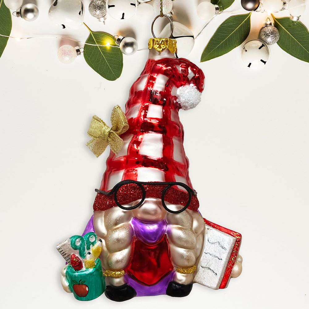 Festive Teacher Gnome Glass Christmas Ornament