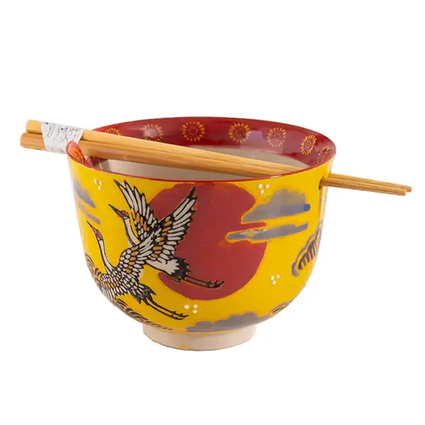 Japanese Crane Design 18oz 5.25"D Bowl With Chopsticks Set