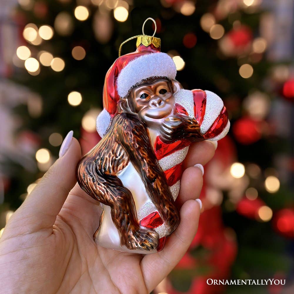 Cute Monkey with Candy Cane Glass Christmas Ornament