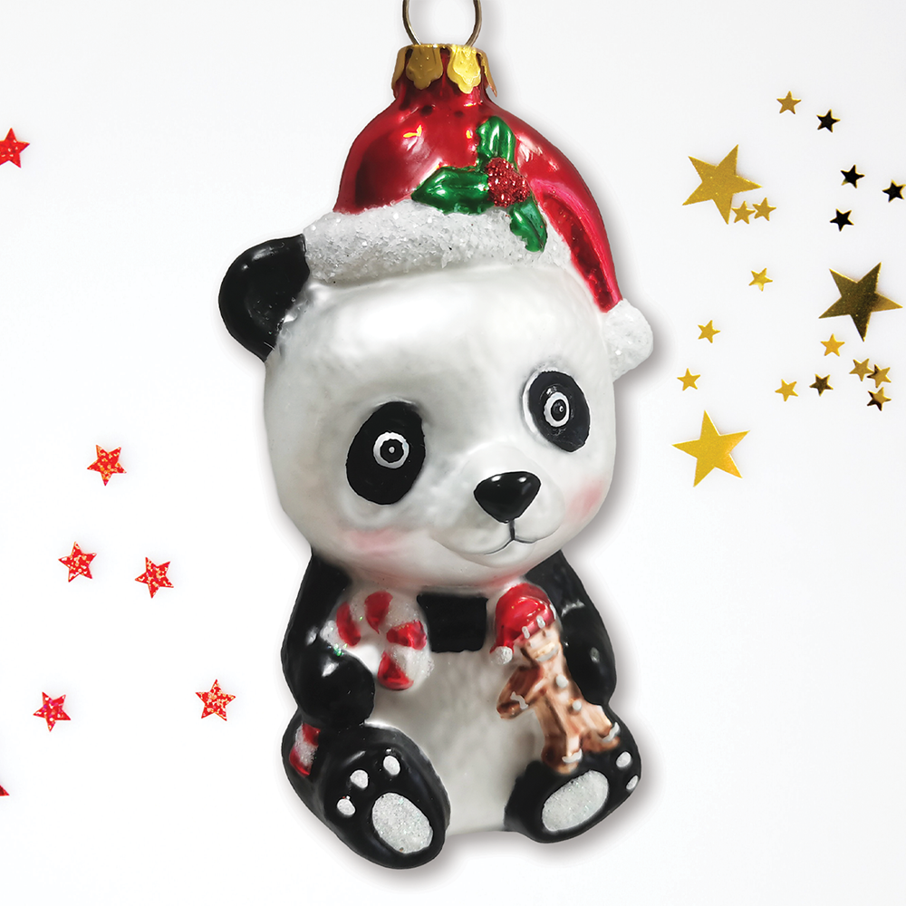 Cute Panda with Santa Hat and Gift Blown Glass Ornament
