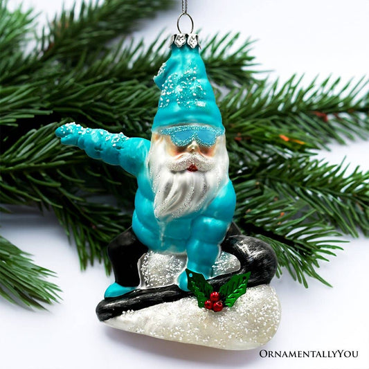 Snowboarding Gnome Glass Christmas Ornament, Blue Aspen