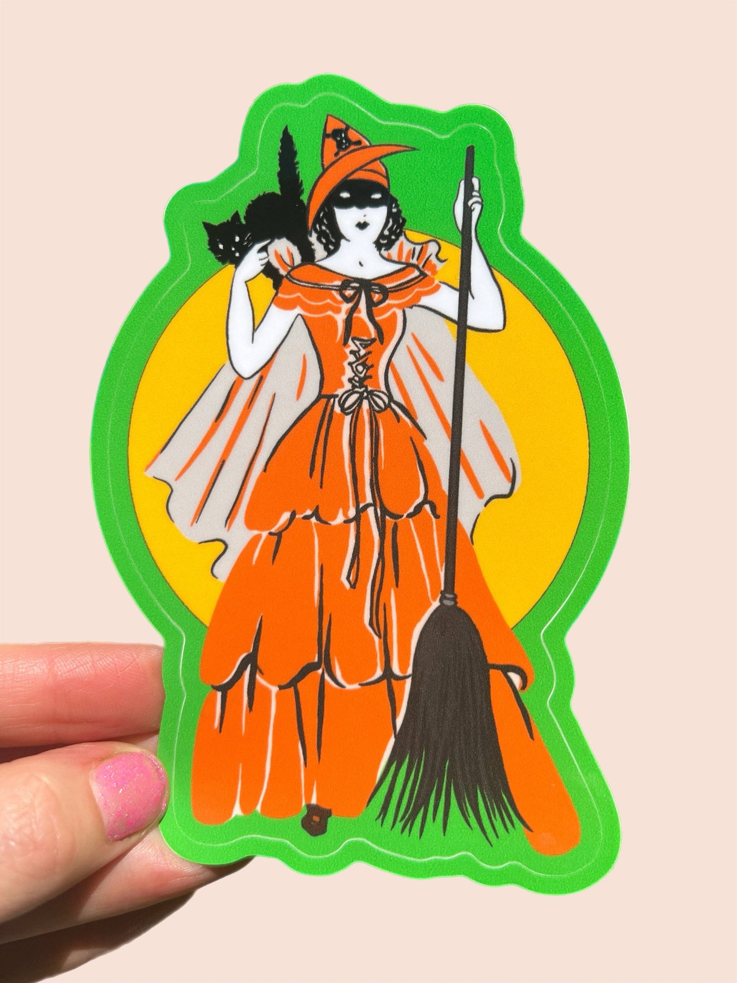 HALLOWEEN WITCH with Broom and Cat 3 INCH STICKER