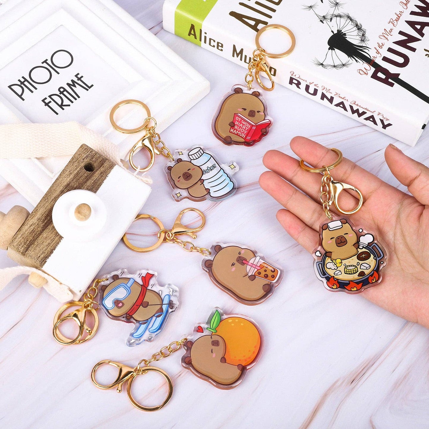 CapyFun - Capybara Acrylic Keychain Cute Kawaii Dumpling Boba Tea Coffee Ice Cream Reading Orange Ramen Foodie Hot Pot Holiday Gift For Her