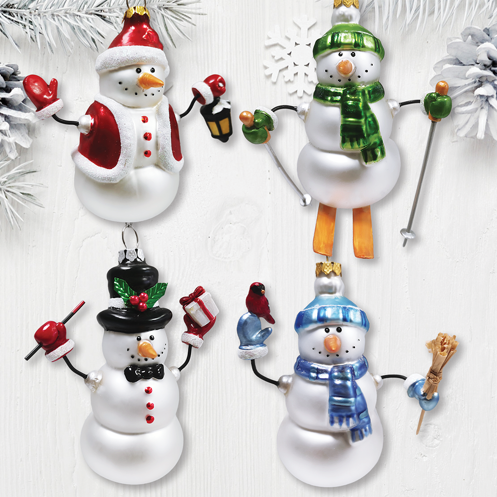 Classic Winter Snowman Set of 4 Glass Christmas Ornaments