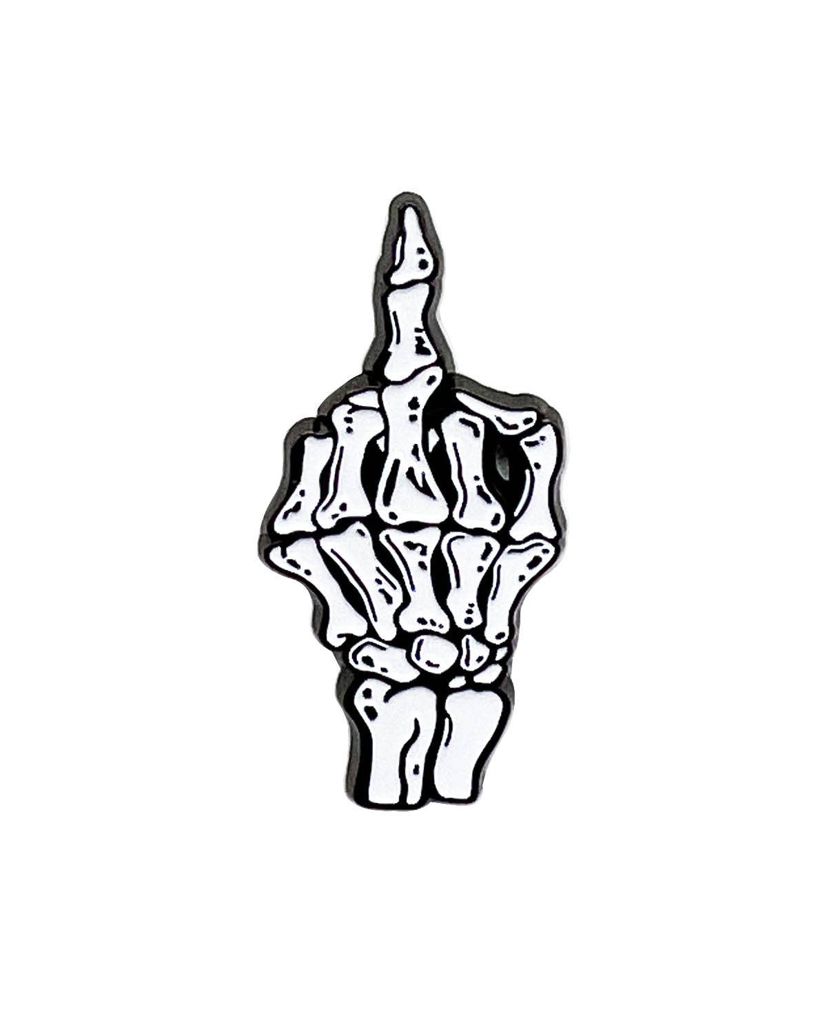 Skeleton Flip Off Enamel Pin with Metal Frame