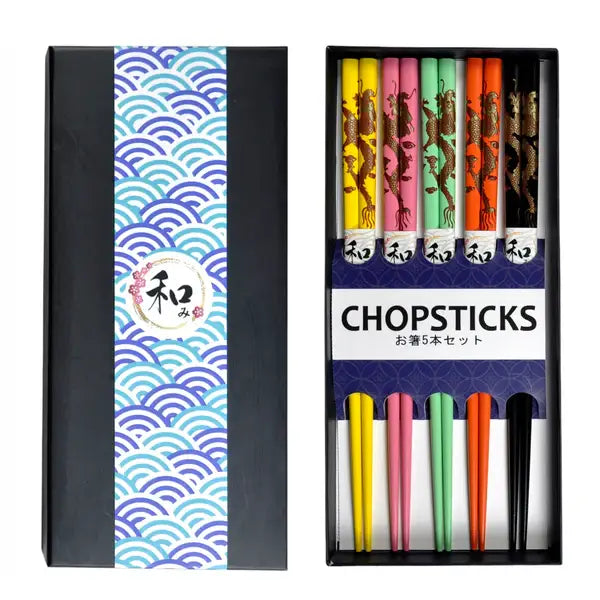 Urban Tokyo - 5 Piece Chopsticks Set Dragon Assorted Colors with Gift Box