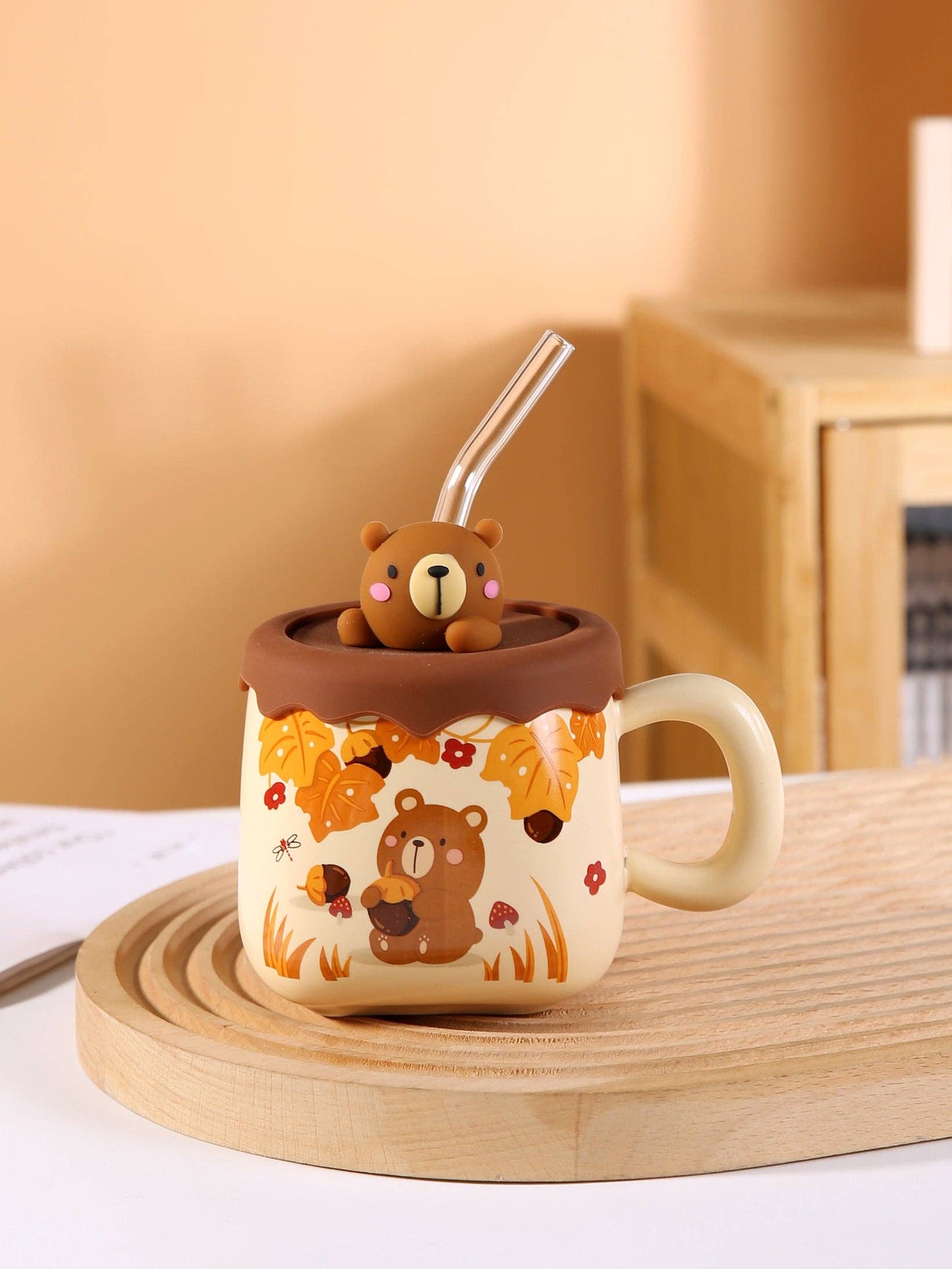 Cute Bear 13oz Mug With Lid and Straw