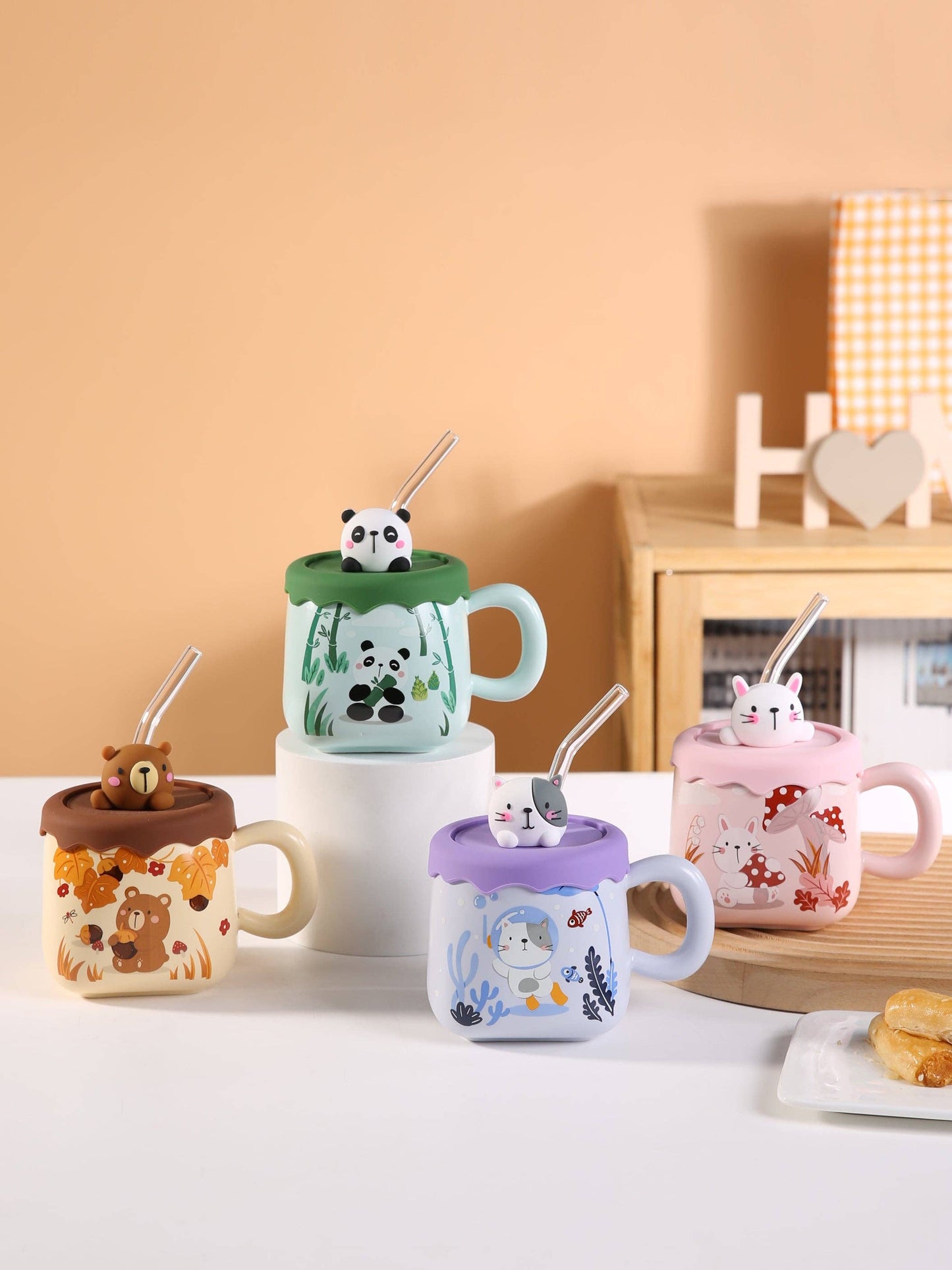 Cute Bear 13oz Mug With Lid and Straw