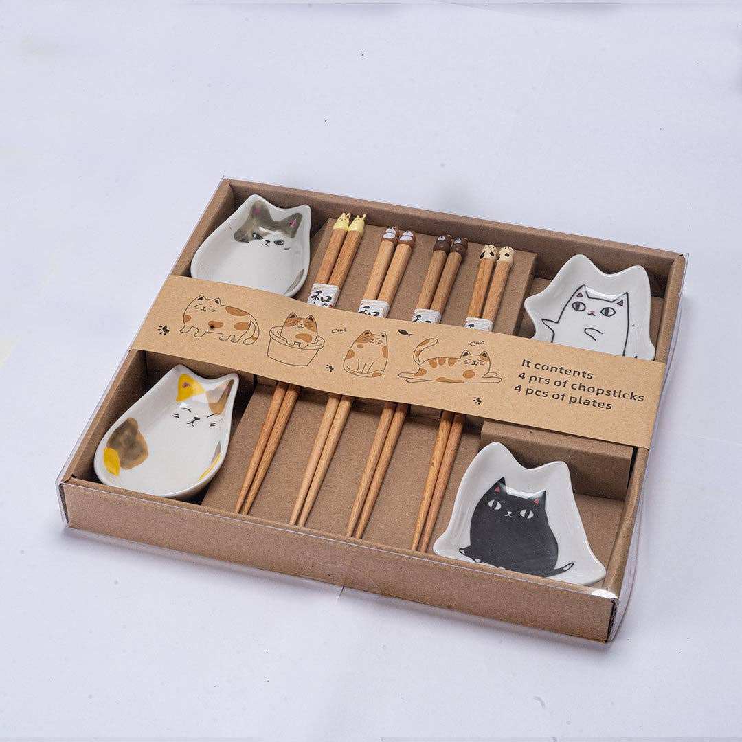 Urban Tokyo - 4 Pair Cute Cats Wooden Chopsticks and Sauce Dish Gift Set (1/20)