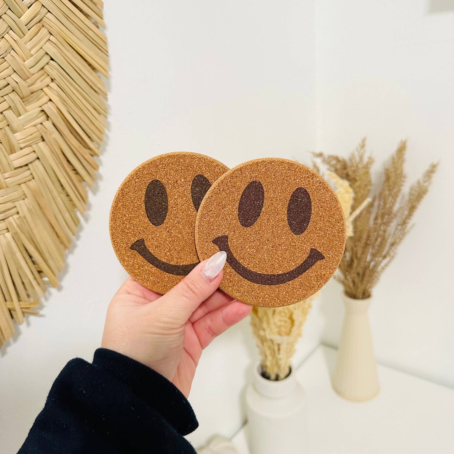 KuriArt Designs - Drink Cork Coaster | Coffee Coaster | Smiley Face Coaster