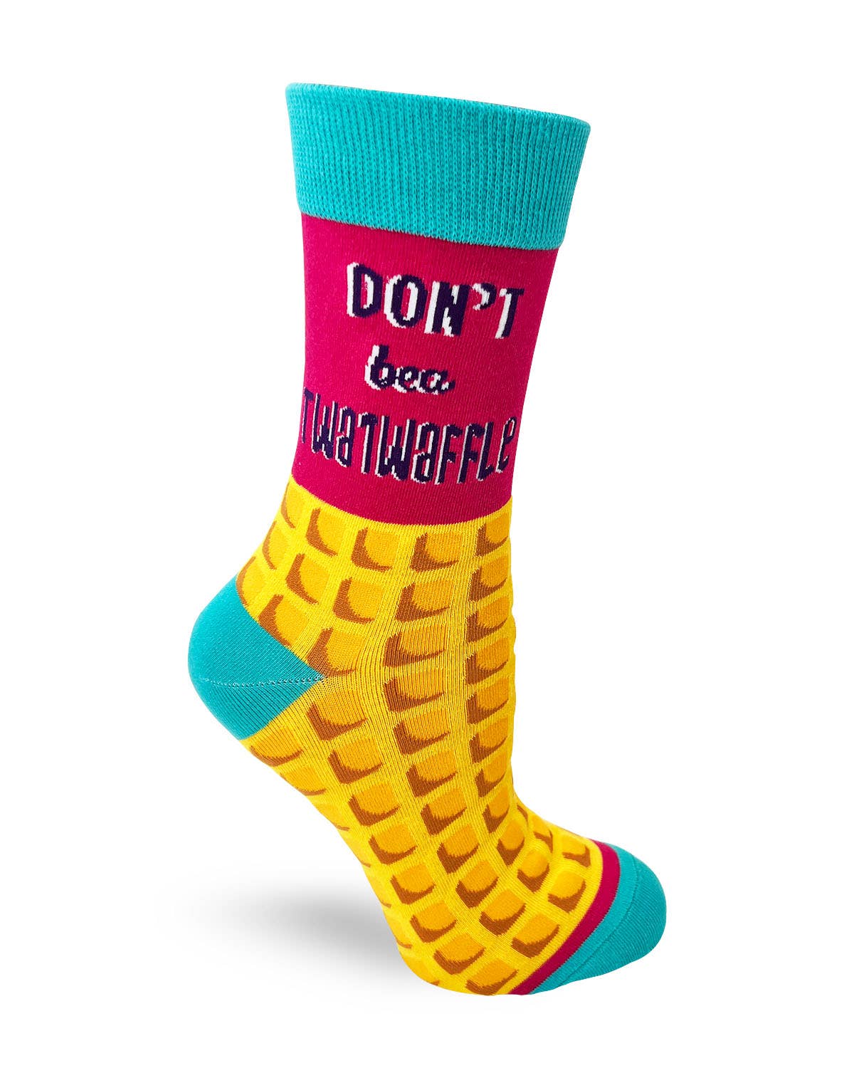 Funny ladies' crew socks with saying "Don't Be a Twatwaffle"