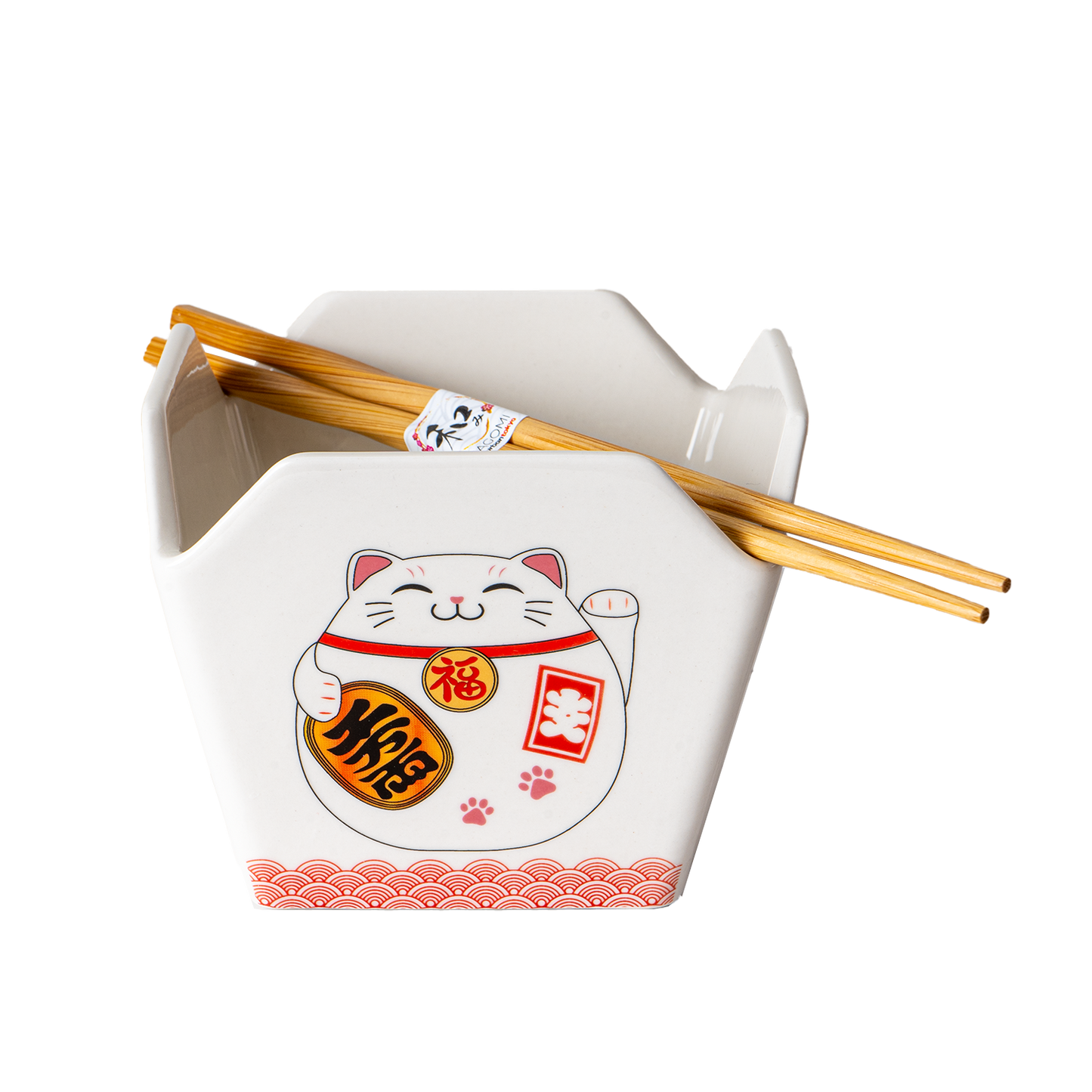 16oz 5"W x 4"H Takeout Box Serving Bowl With Chopsticks Lucky Cat (1/24)