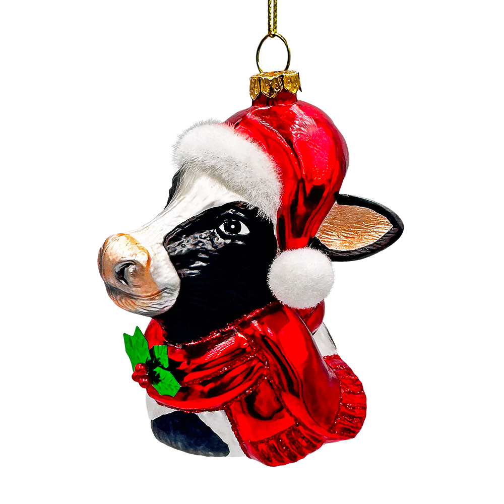 Festive Cow in Wreath Blown Glass Christmas Ornament