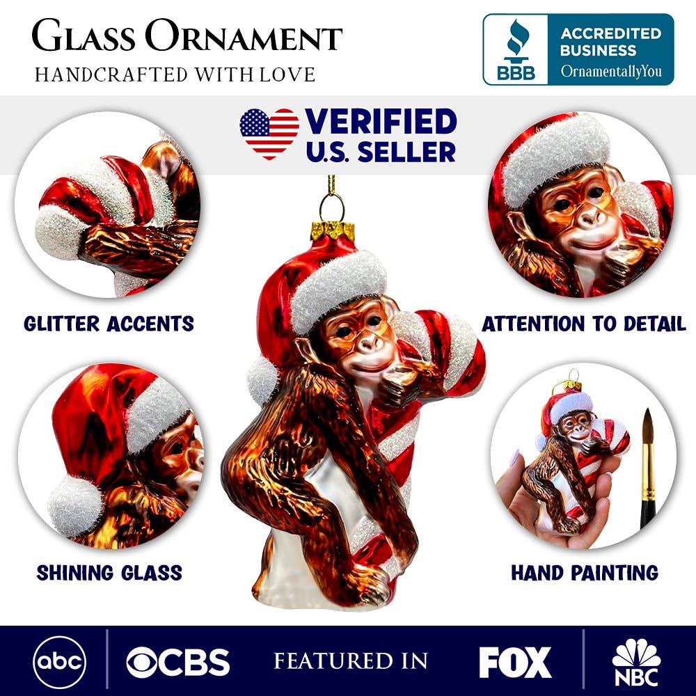 Cute Monkey with Candy Cane Glass Christmas Ornament