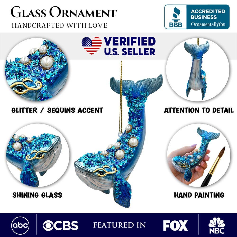Dazzling Blue Whale Glass Ornament, Glitter and Rhinestones